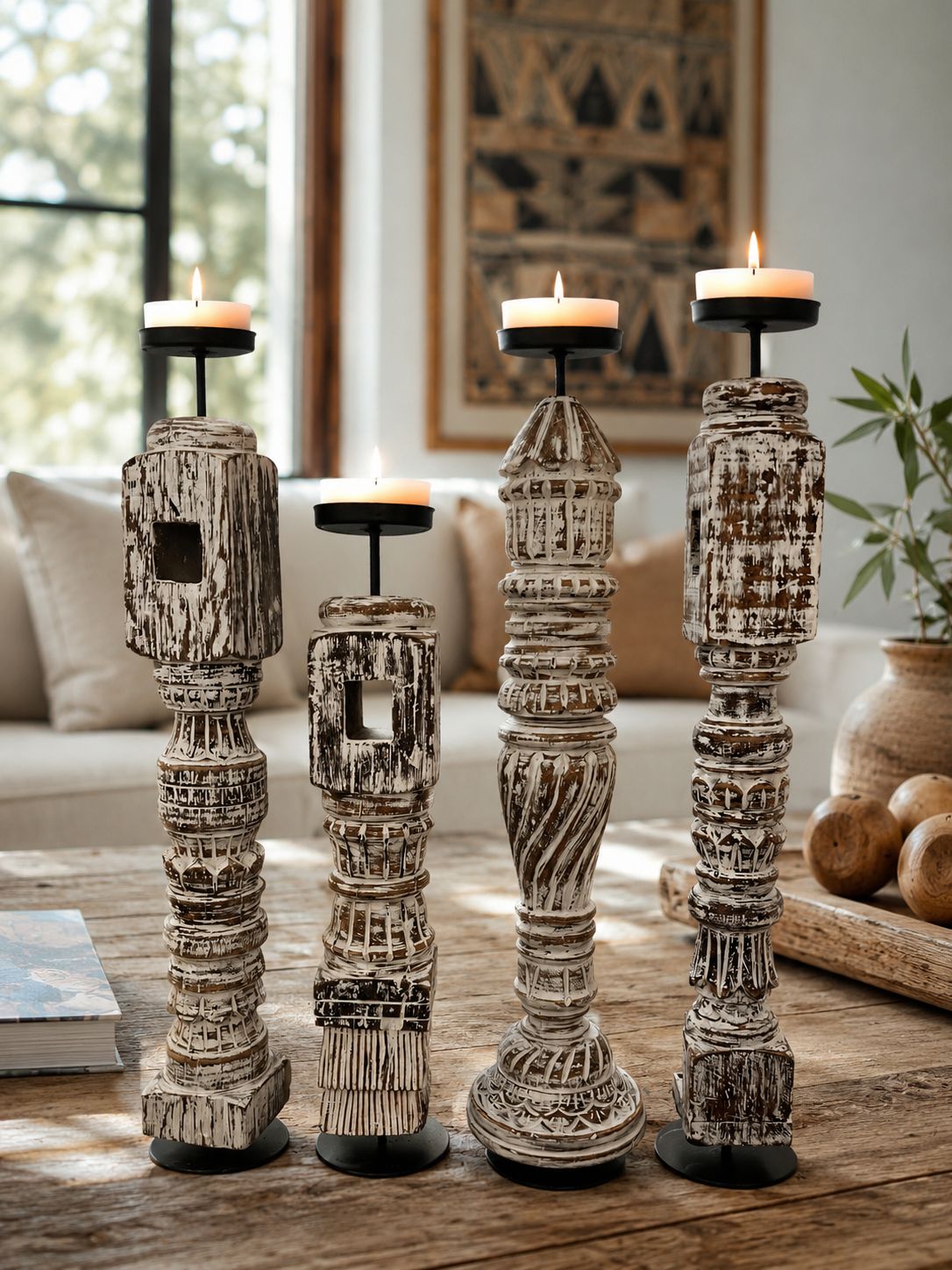 Wooden Carved Candlestands (Set of 4)
