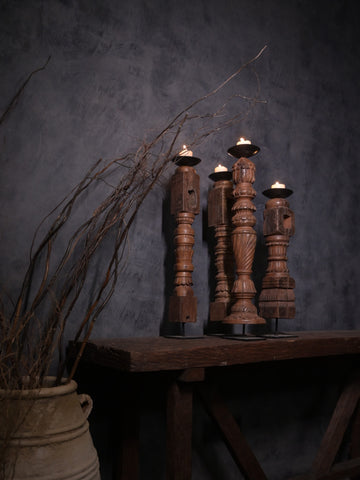 Wooden Carved Candlestands (Set of 4)